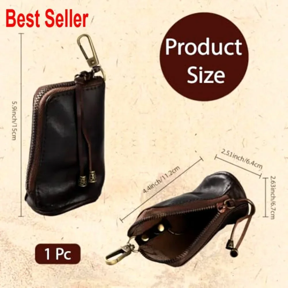 Cowhide Leather Mini Zipper Coin Pouch Keychain Wallet Vintage Storage
